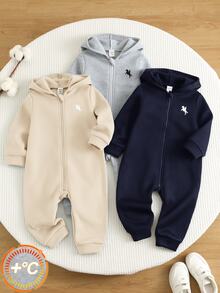 SHEIN 3件組嬰兒男嬰女嬰灰色秋冬加厚刷毛鬆針軟綿連帽長袖拉鍊基本連身衣 多件裝嬰兒連身衣 秋冬連身衣 - 彩色 - 查看 3