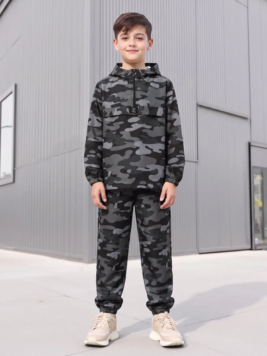 SHEIN 青少年男孩半拉鍊連帽外套與束口長褲2件套,休閒運動風,適合秋冬穿著 - 彩色 - 查看 1