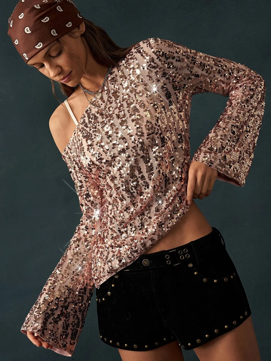 Bohemela Women's Solid Color Asymmetrical Shoulder Long Sleeve Sequin Fashion Top - Dusty Pink - View 1