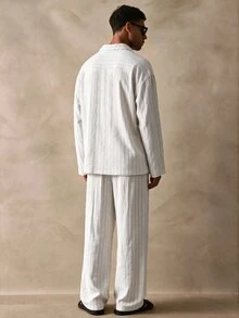 Musero Sold As One V Neck Long Sleeve Shirt Wide Leg Trouser Pant Striped Set Spring Summer Essentials - White - View 2