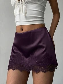 Aloruh Women's Elegant Low Waist Lace Patchwork Satin Fitted Pink Mini Skirt - Purple - View 6