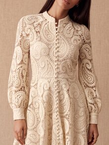 CielaLinda Women's Paisley Lace Cut-Out Mini Dress With Lantern Sleeves And Water-Soluble Embroidery - Apricot - View 5