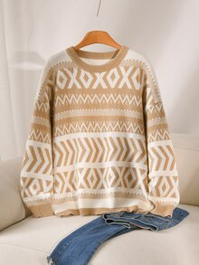 CosyJoli Sweater Pullover Lengan Panjang Jacquard Vintage Ukuran Besar untuk Musim Gugur/Dingin, Nyaman - Aprikot - View 6