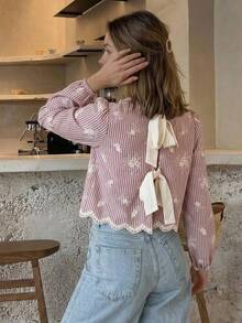 Serisse 女款秋季休閒條紋刺繡綁帶襯衫 - 紅色 - 查看 5