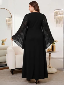 SHEIN Clasi 大尺碼復古優雅水鑽裝飾百褶洋裝 - 黑色 - 查看 3