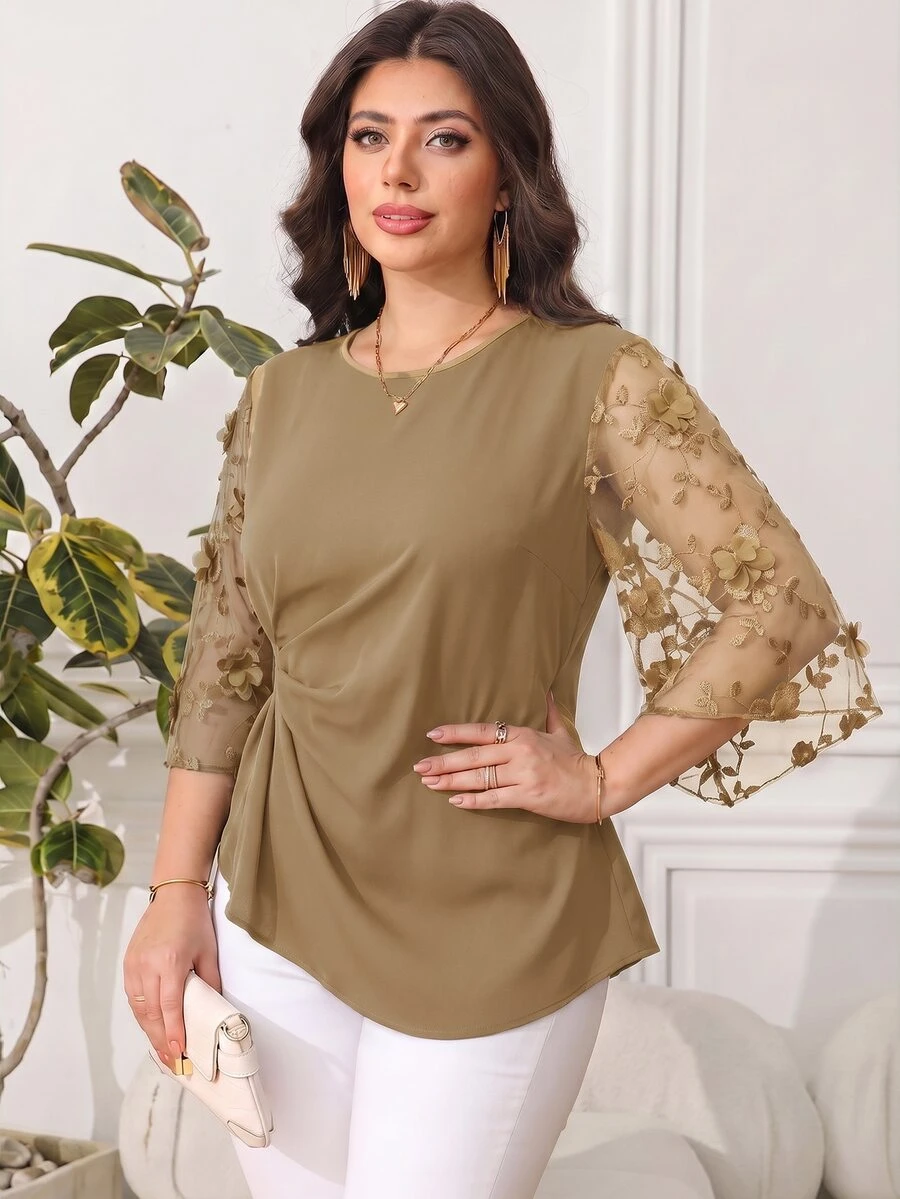 Reflora Plus Size Women's Mesh Patchwork Casual Versatile Blouse Fall - Khaki - View 1