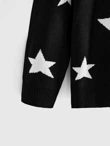 ROMWE Dark Gothic Black Cat Skull Moon Star Snake Jacquard Loose Fit Plus Size Pullover Sweater - Black - View 5