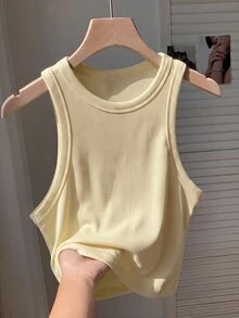 Comfortcana Women's Solid Color Ribbed Brushed Tank Top Suitable For Daily Wear - Beige - View 4