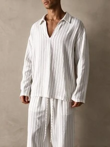 Musero Sold As One V Neck Long Sleeve Shirt Wide Leg Trouser Pant Striped Set Spring Summer Essentials - White - View 5