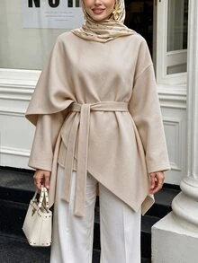 SHEIN Unity 女款披肩式優雅時尚收腰繫帶前襟休閒通勤上衣外套，百搭羊毛混紡 - 杏色 - 查看 4
