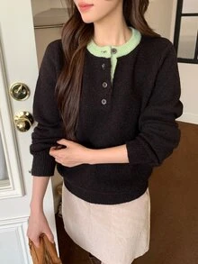 DAZY Deep Brown Round Neck Contrast Green Collar Button Half-Placket Loose Long Sleeve Casual Knit Sweater - Brown - View 4