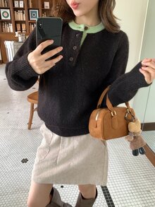 DAZY Deep Brown Round Neck Contrast Green Collar Button Half-Placket Loose Long Sleeve Casual Knit Sweater - Brown - View 5