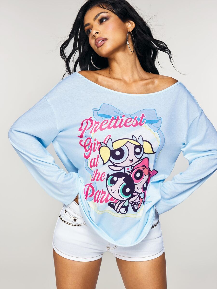 THE POWERPUFF GIRLS X SHEIN Women's Letter Print Drop Shoulder Long Sleeve Casual T-Shirt - Baby Blue - View 1