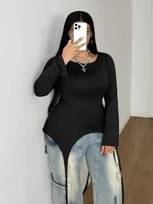 Maweii Plus Size Black Fitted Asymmetrical Hem Waist-Cinched Long Sleeve T-Shirt - Black - View 6