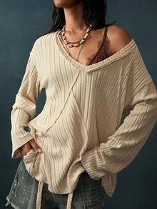 Bohemela Women's Autumn Casual Solid Color Long Sleeve T-Shirt - Apricot - View 4