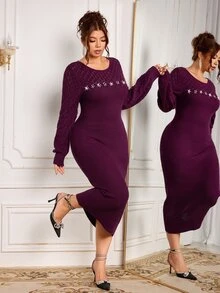 Modelyn Plus Size Fashion Vintage Rhinestone Long Sleeve Sweater Dress - Red Violet - View 1