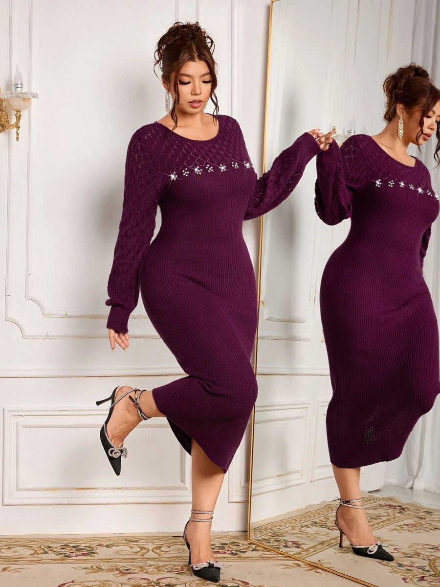 Modelyn Plus Size Fashion Vintage Rhinestone Long Sleeve Sweater Dress - Red Violet - View 1