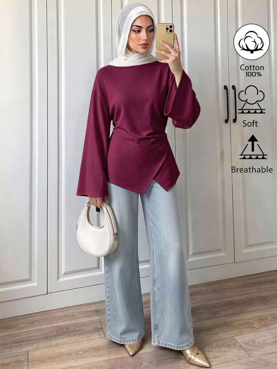 Elenzga Off White Boat Neck Ruched Waist Irregular Hem Cotton Blouse, French Casual Top For Office, Dating & Autumn Daily Outfit - Burgundy - View 1