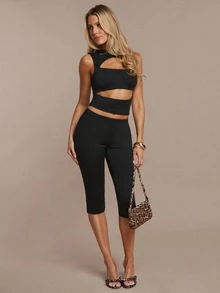 SHEIN BAE طقم نسائي من قطعتين للخريف/الشتاء، توب أسود مثير بتصميم مفتوح وبنطلون متوسط الطول - الأسود - مشاهدة 4