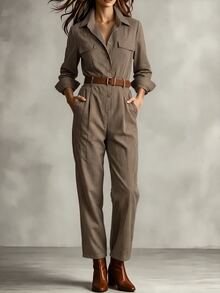 Trelyra French Vintage Brown Plaid Long Sleeve Jumpsuit, Retro Jumpsuit Suitable For Daily Outfits - Brown - View 6