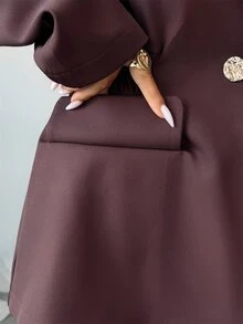 SHEIN Women's Dark Brown Notch Lapel Blazer, Single Gold Button, Ruched Waist, Slim Fit, Long Sleeve, Elegant Office Suit Jacket - Brown - View 5