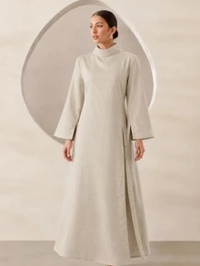 Al Najma Women's Long Elegant Casual Daily Robe With Waist Cinched And Split Hem - Apricot - View 4