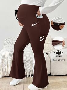 Plussiva Plus Size Maternity Casual Versatile Solid Color Flare Pants - Brown - View 1