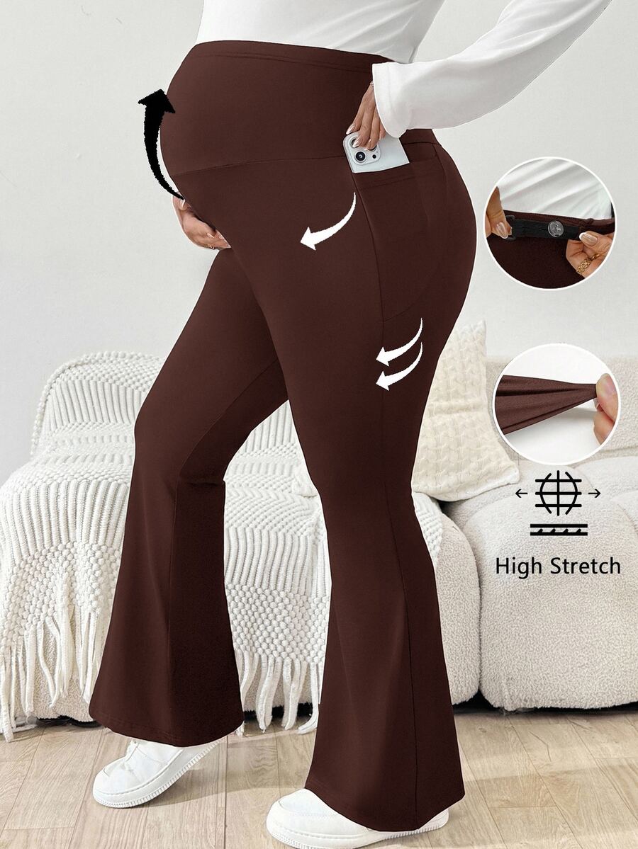 Plussiva Plus Size Maternity Casual Versatile Solid Color Flare Pants - Brown - View 1