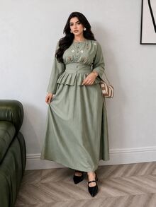 Solavon Plus Size Women's Floral Embroidered Waist-Cinching Blouse And Skirt Casual 2 Pieces Set - Green - View 7