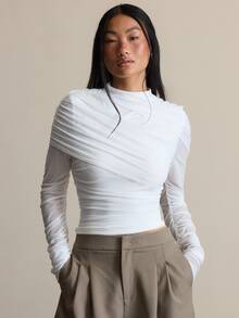 COSMINA Women's Elegant Ruffled Mesh White Top - White - View 6