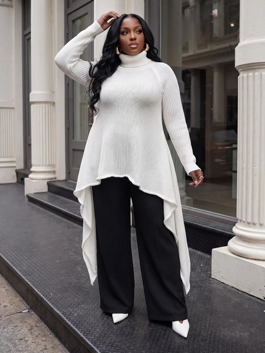 Slaydiva Plus Size Women's Knit Tunic, Turtleneck Hollow Asymmetric Hem Long Knit Layering Top Winter