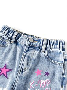 Young Girl Girls Collection - 青少女 Y2K 風格 K-POP 卡通女孩印花寬腿牛仔褲，休閒街頭風寬鬆水洗丹寧長褲，適合返校日常穿著 - 淺色水洗藍 - 查看 3