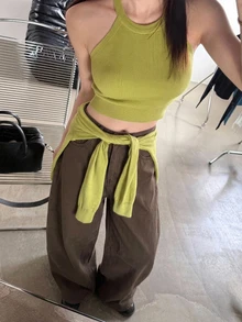 DAZY 對比縫線寬鬆彎腿休閒街頭風夏季女款牛仔褲秋季 - 咖啡棕 - 查看 3