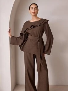 Graceveil Women's 2 Pieces Set With Layered Ruffle Waist Tie Cinched Top And Wide Leg Pants, Suitable For Commuting, Vacation, Daily Wear - Brown - View 5