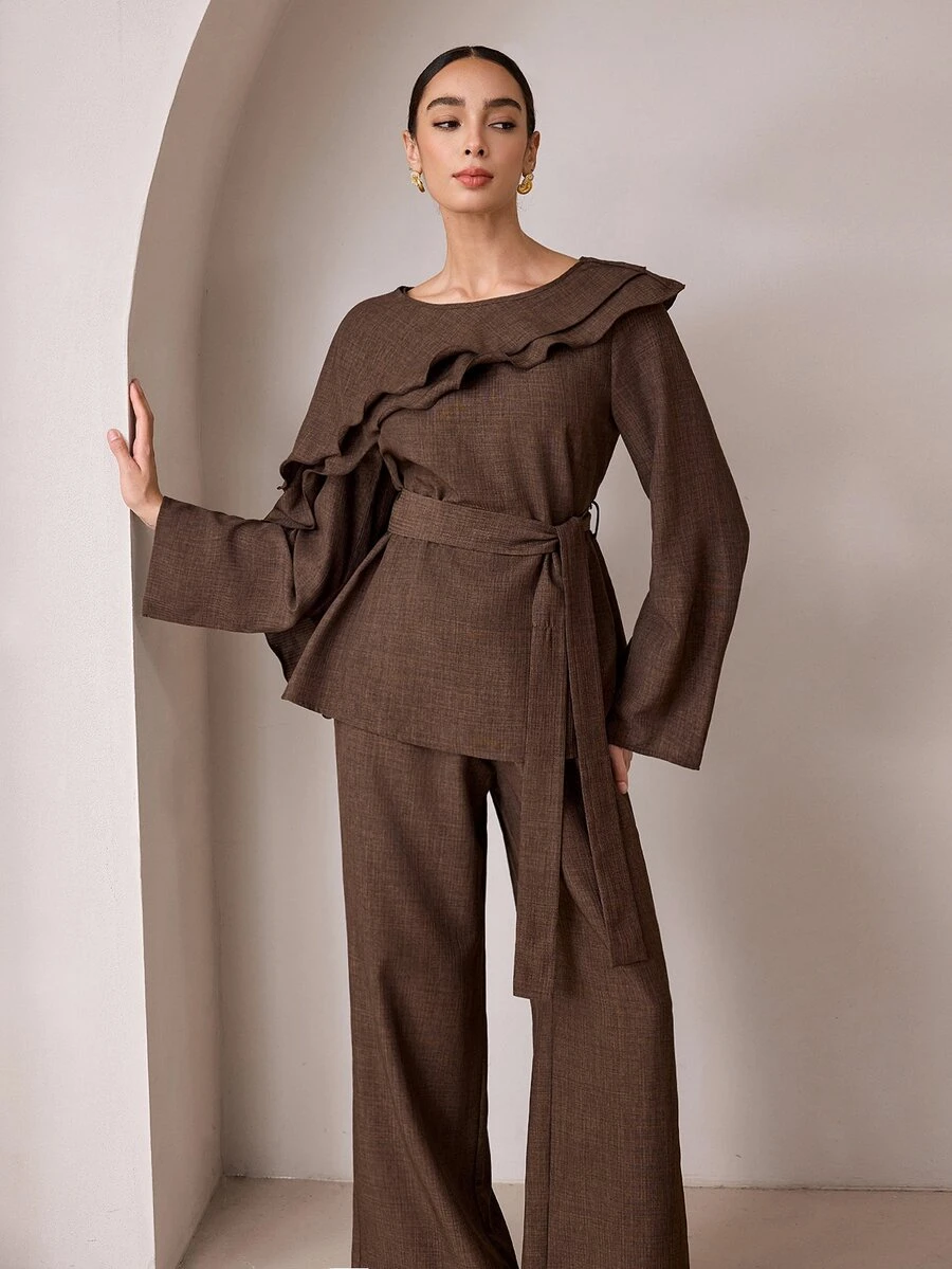 Graceveil Women's 2 Pieces Set With Layered Ruffle Waist Tie Cinched Top And Wide Leg Pants, Suitable For Commuting, Vacation, Daily Wear - Brown - View 1