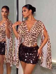 BamGleam Women's Fashion Sexy Leopard Print Waist-Cinching Blouse - Brown - View 4