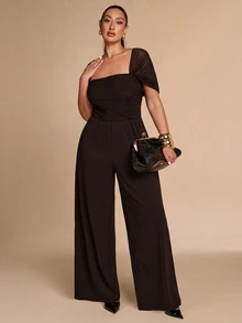 SHEIN BAE CURVE 大尺碼女款純色方領寬腿鬆身長褲連身衣，優雅風格 - 咖啡棕 - 查看 7