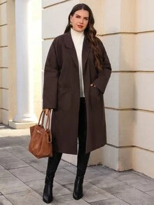 EMERY ROSE Mantel Wanita Ukuran Besar Warna Polos Lengan Panjang dengan Saku, Kasual Elegan, Cocok untuk Kantor, Acara Malam, dan Keluar, Warna Cokelat Musim Gugur - Coklat - View 1