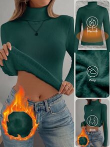 Franclia European And American Autumn/Winter Fashion All-Match Versatile High Neck Thick Fleece One-Piece Slim Fit Long Sleeve Inner Layer Base Knit Sweater - Dark Green - View 8