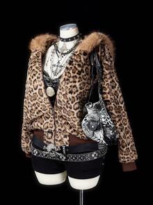 Sunspun Plus Size Women's Plush Patchwork Leopard Print Versatile Long Sleeve Jacket Winter - Brown - View 4