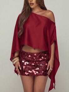 Aloruh Women's Elegant Party Asymmetric Neckline Top & Sequin Skirt 2 Pieces Set - Burgundy - View 5