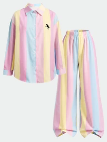 SHEIN Tween女孩彩色條紋Logo印花學院風寬鬆長袖上衣與寬腿褲2件套返校休閒套裝 - 粉色 - 查看 4
