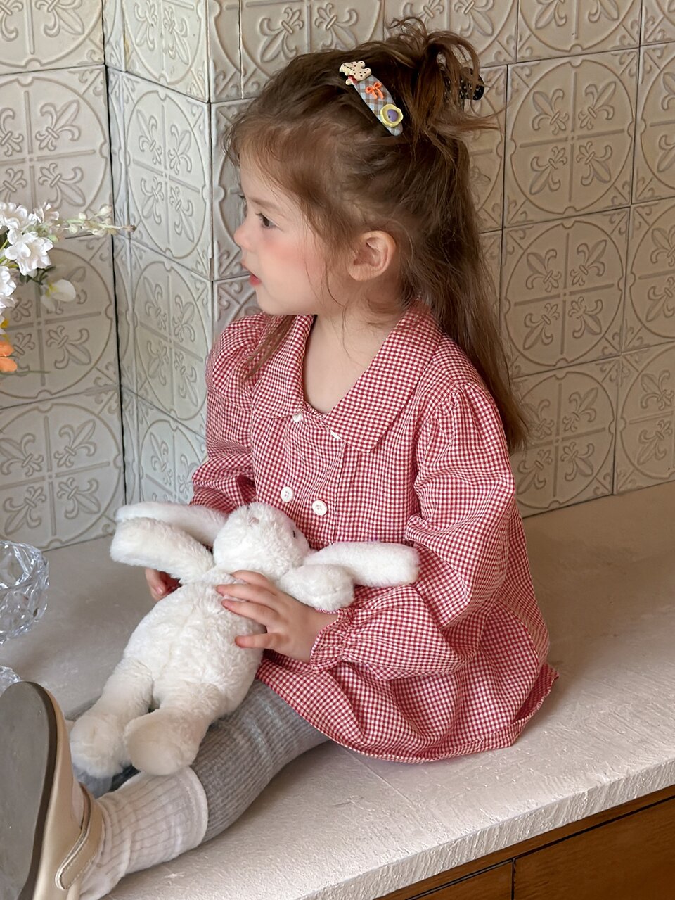 Infant (Girl) Plaid Collar Puff Short Sleeve Blouse Top Fall