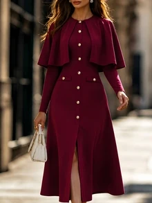 SHEIN Women's Elegant Button Shawl Collar Long Sleeve Dress - Burgundy - View 4
