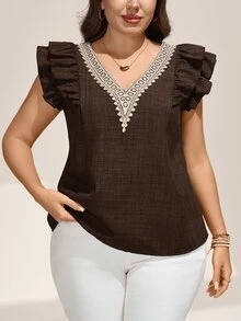 Comfylo Plus Size Summer Casual Lace Patchwork Flutter Sleeve Blouse - Brown - View 4