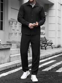 Manfinity CasualCool 男士純色長袖襯衫與長褲休閒日常穿搭 - 黑色 - 查看 4