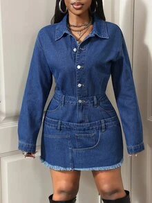 Slaydiva Festival Size Denim Women's Blue Non-Stretch Long Sleeve Dress - Dark Wash - View 4