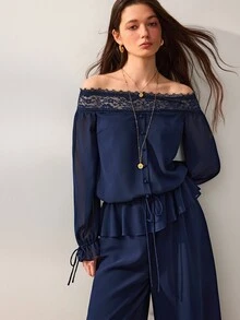 Willow Rêve Women's Navy Blue Wide Leg Jumpsuit, Floral Lace Trim Craftsmanship, Cold Shoulder, Front Button, Ruffle & Cinched Waist Design, Summer Western Romantic Style, Suitable For Party Wear - Blue - View 5