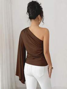 Elenzga Women's Elegant Commute Solid Color One Shoulder Bell Sleeve Top - Brown - View 2