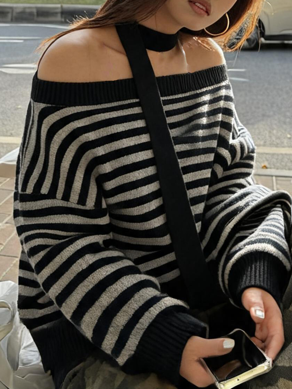 Black & Grey Striped One-Shoulder Tie Scarf Collar Loose Long Sleeve Casual Versatile Knit Sweater